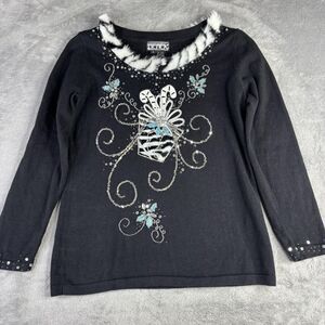 Berek Sweater Womens Small Black Embellished Holiday Christmas Faux Fur Sequin
